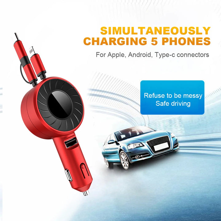 3-in-1 Retractable Fast Charging Car Charger with USB Type C and Micro USB