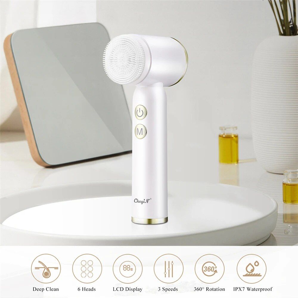 6-in-1 Ultrasonic Facial Cleanser: Electric Auto-Rotating & Waterproof Brush for Deep Pore Cleaning