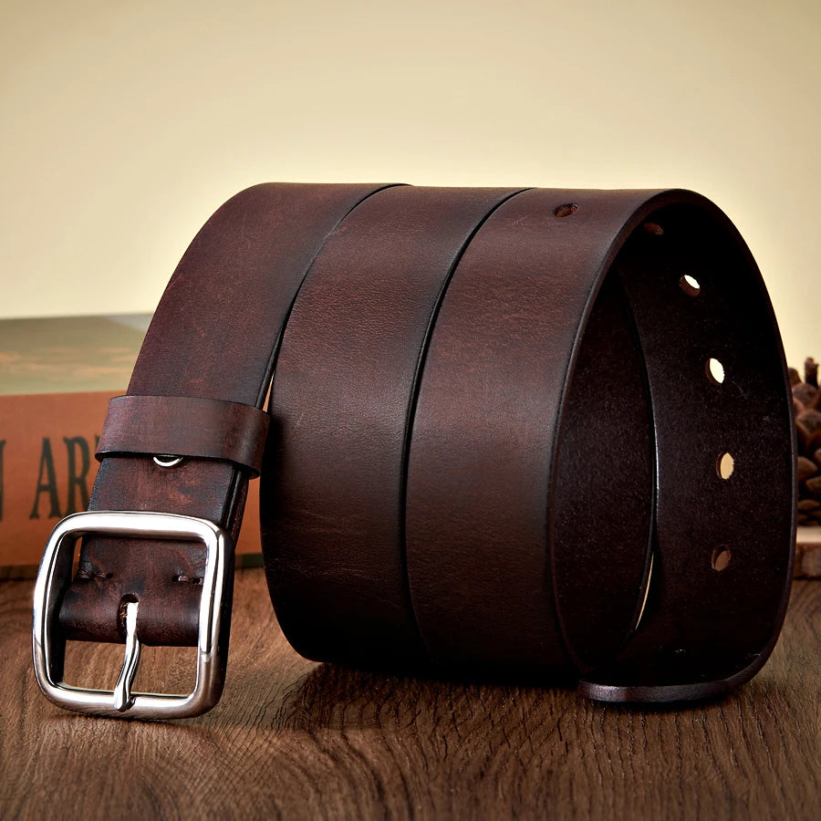 3.8CM Men’s Vintage Cowskin Leather Belt with Anti-Allergy Stainless Steel Buckle