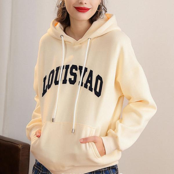 Hooded Drawstring Embroidered Patch Drop-Shoulder Pullover Hoodie