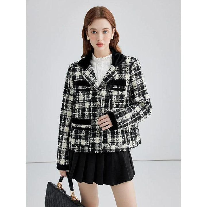 Chic Plaid Contrast Woolen Women's Short Jacket