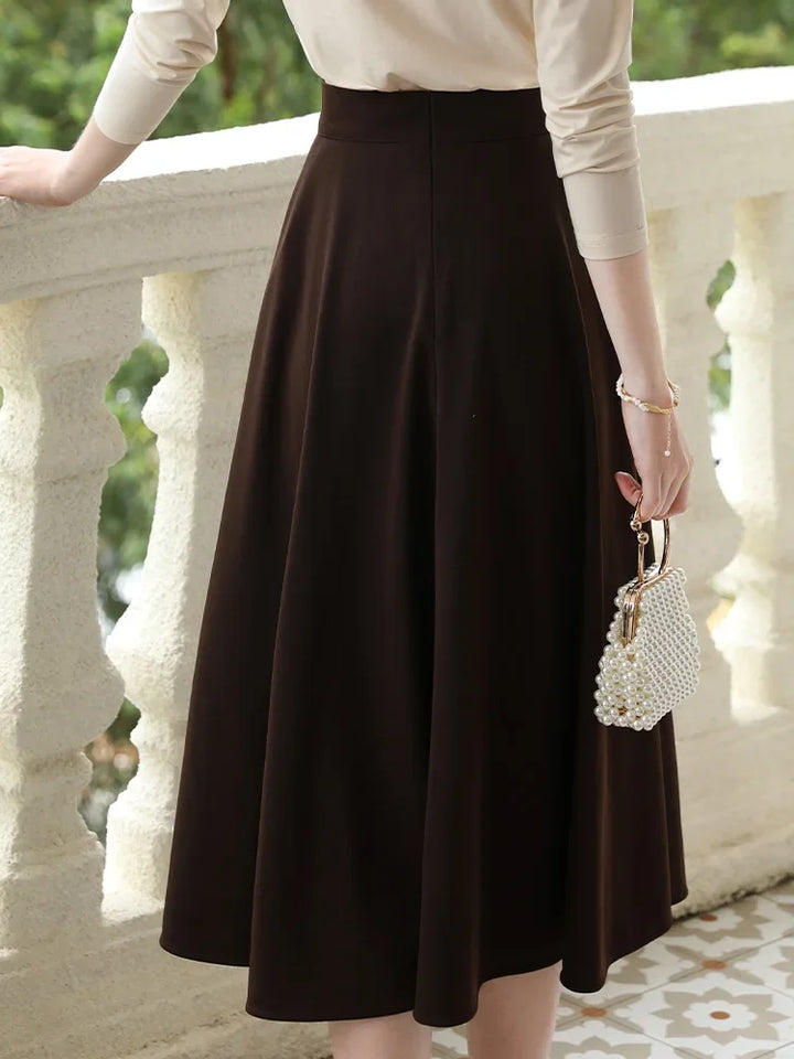 Elegant Brown High Waist A-Line Pocket Skirt