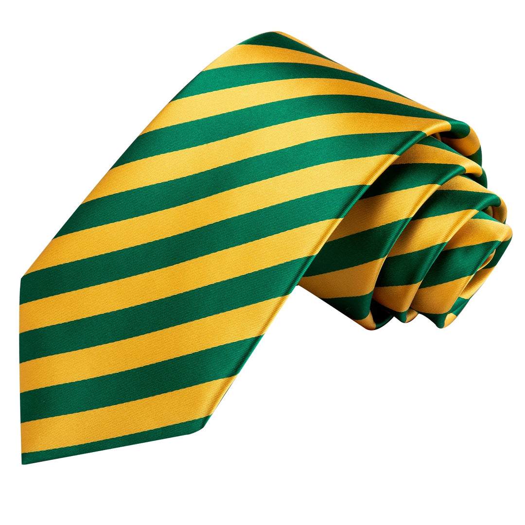 Yellow & Green Striped Silk Necktie Set for Men – Tie, Handkerchief, Cufflinks