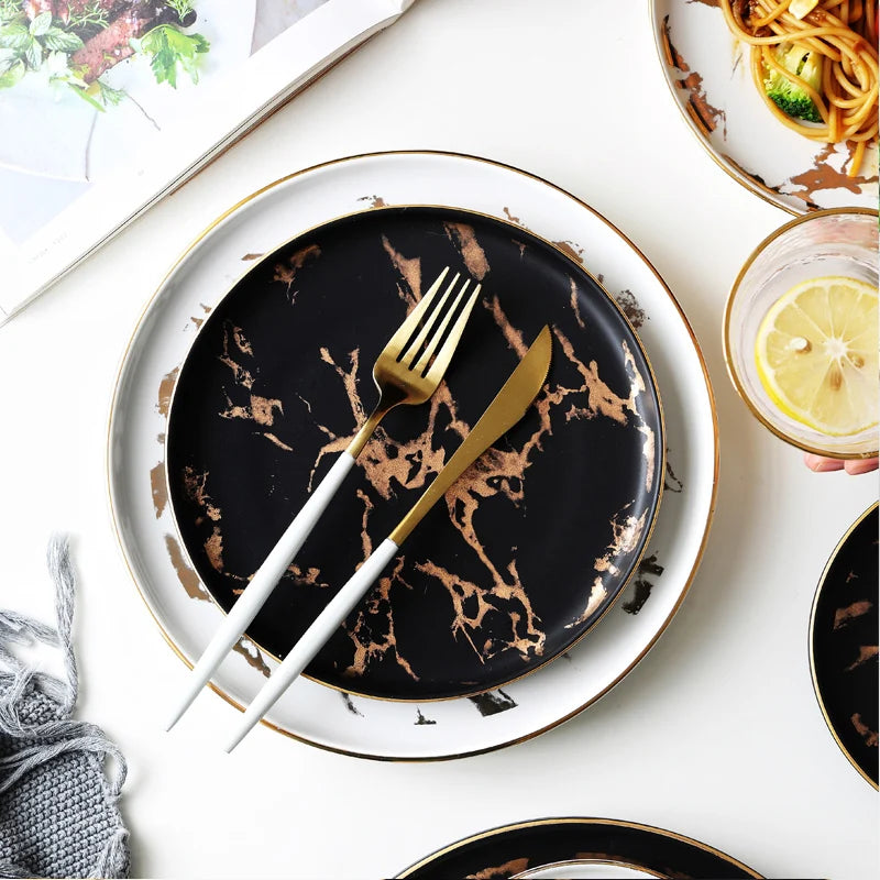 Elegant Nordic Ceramic Dinner Plates with Gold Inlay