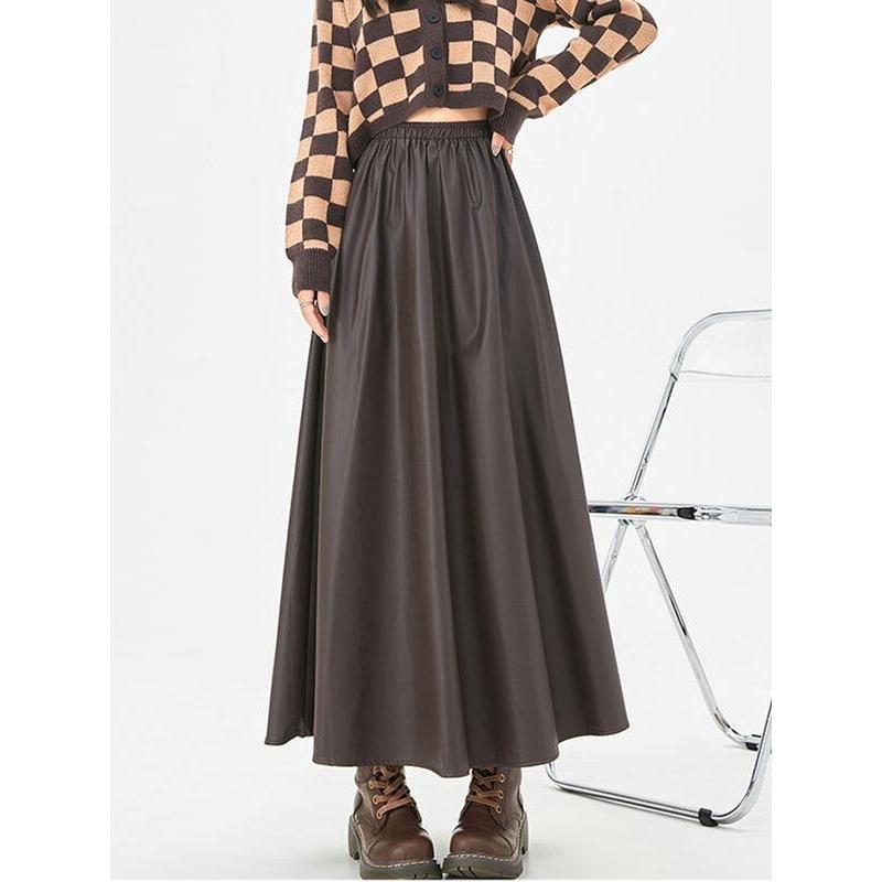 Autumn Winter Elegant A-Line Faux Leather Maxi Skirt