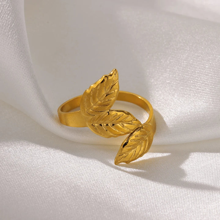 Adjustable Gold Leaves Ring for Women - Stainless Steel Statement Jewelry