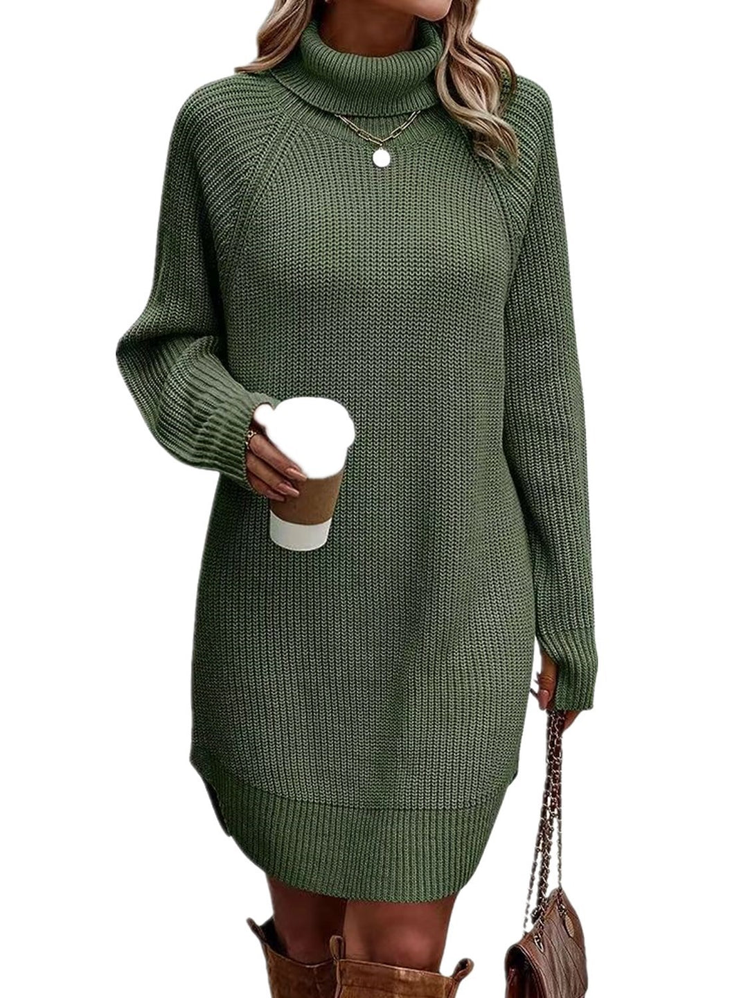 Fashion Slit Pullover High-neck Dress Lady