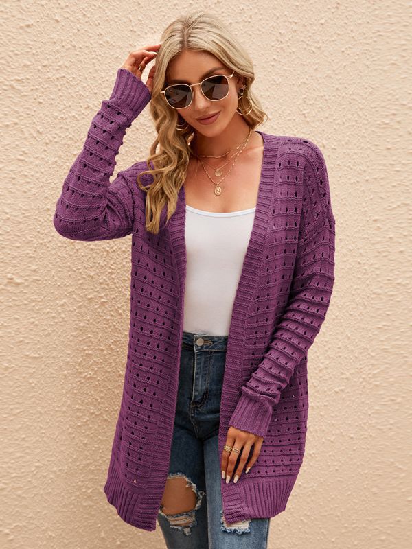 Women's Solid Color Hollow-out Knitted Cardigan Loose Sweater Coat