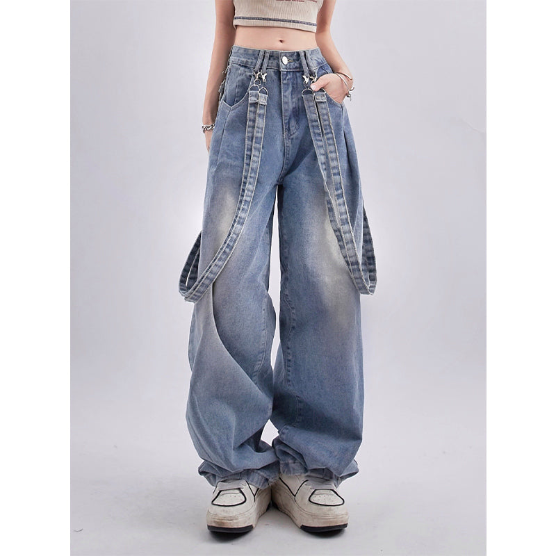 Spring Retro Minority Ribbon Design Versatile Washed Distressed Casual Pants