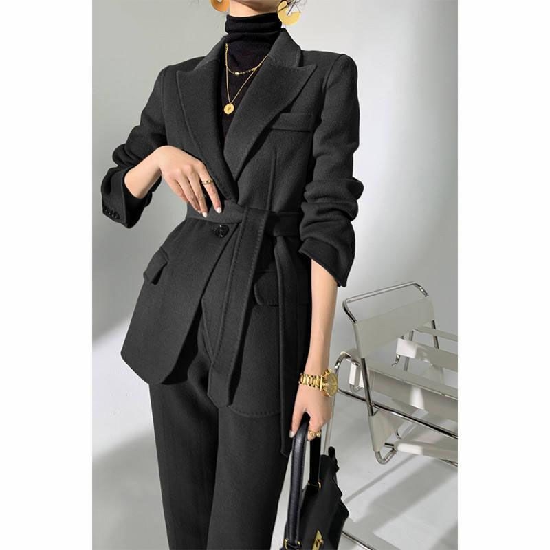 Autumn Winter Elegant Woolen Pant Suits with Belted Jackets and Warm Trousers for Women