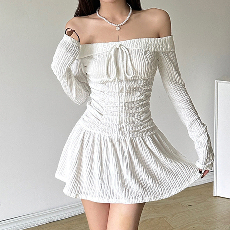 French Style Pleating Off-shoulder Dress Women's Autumn