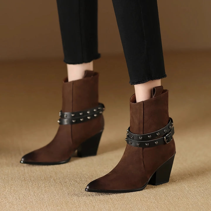 Elegant Pointed Toe Chunky Heel Leather Boots for Women