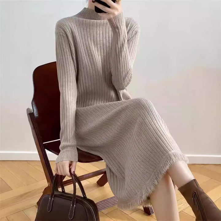 Mock Neck Sweater Women's Mid-length Below-the-knee Coat Base Ride Tassel Knitted