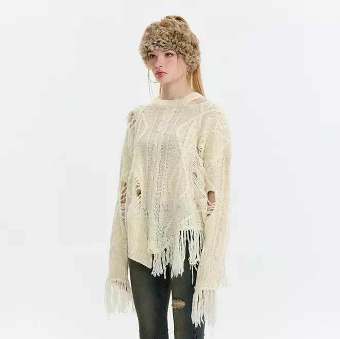 Hollowed-Out Tassel Loose Fit Knit Sweater