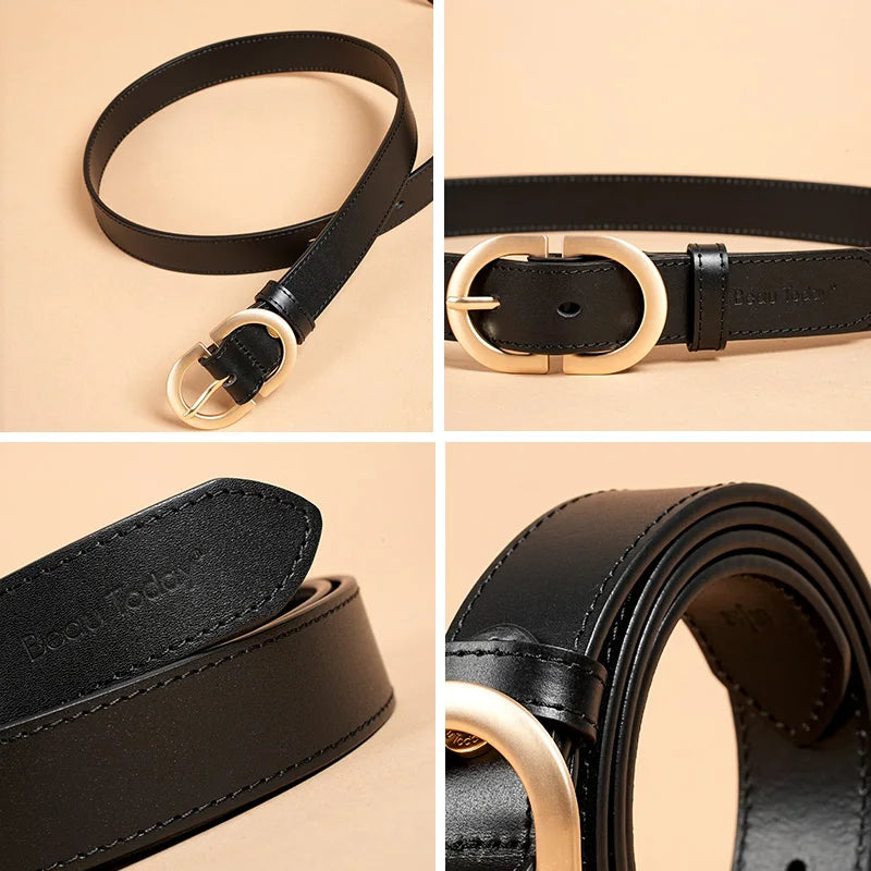 Women's Genuine Cow Leather Belt with Retro Metal Oval Buckle