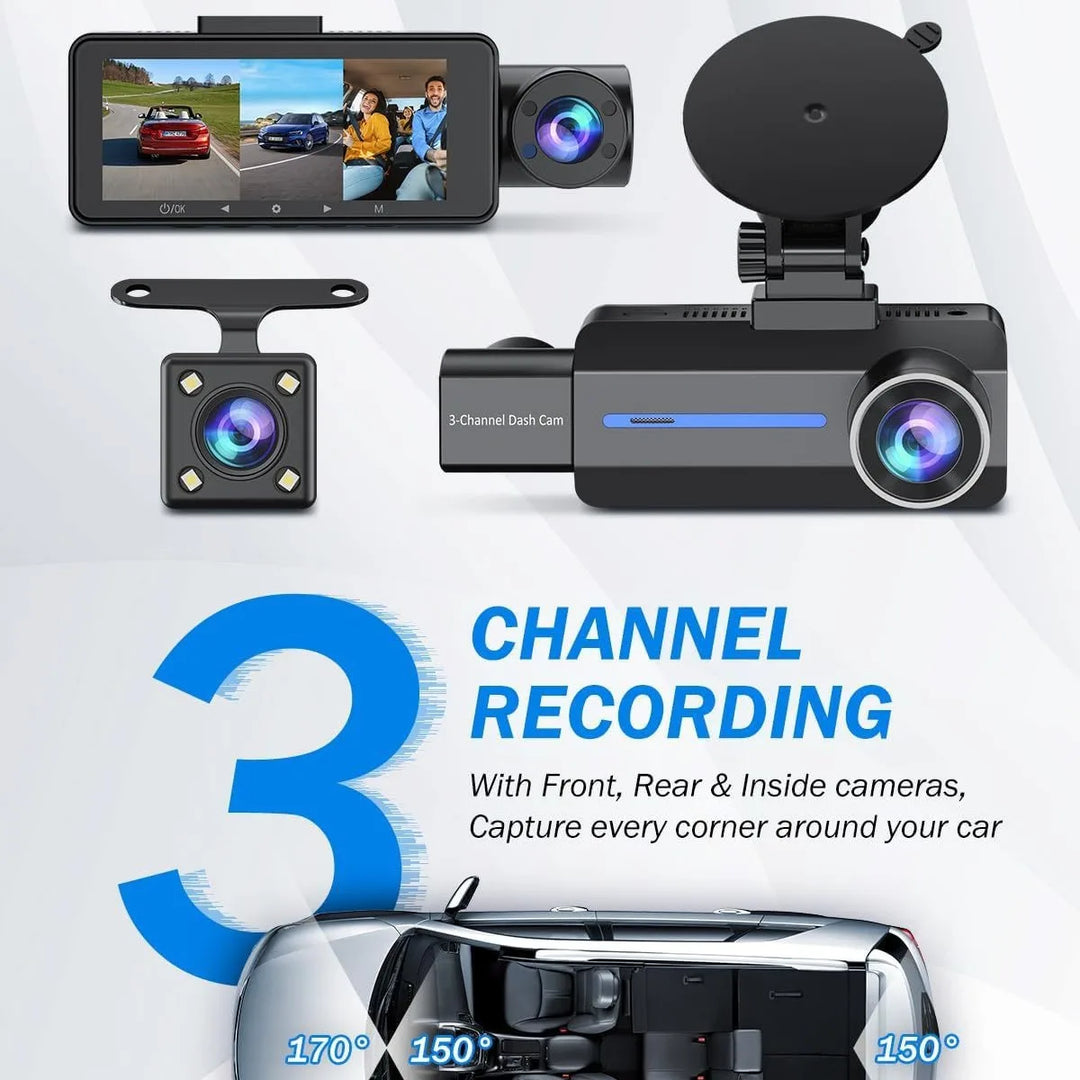 3-Channel 2K HD Dash Cam with Front, Rear & Inside Recording, IR Night Vision