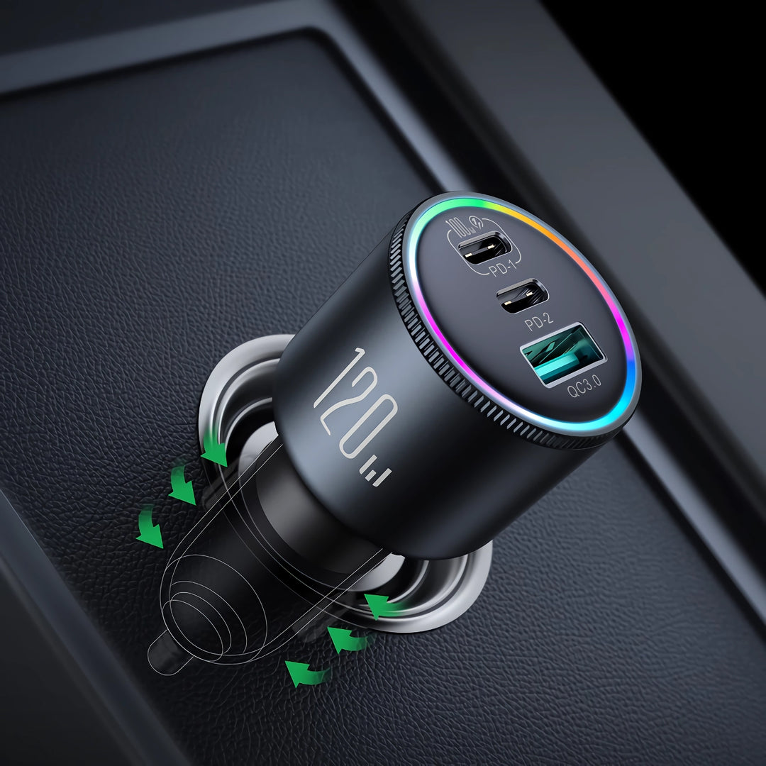 120W USB-C Car Charger – 3-Port Fast Charging for Multiple Devices (PD & QC 3.0)