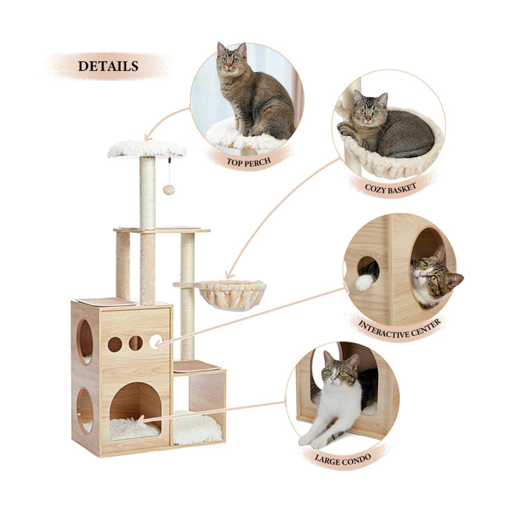 Wooden Cat Tree with Sisal Scratching Posts, Cozy Condo & Hammock