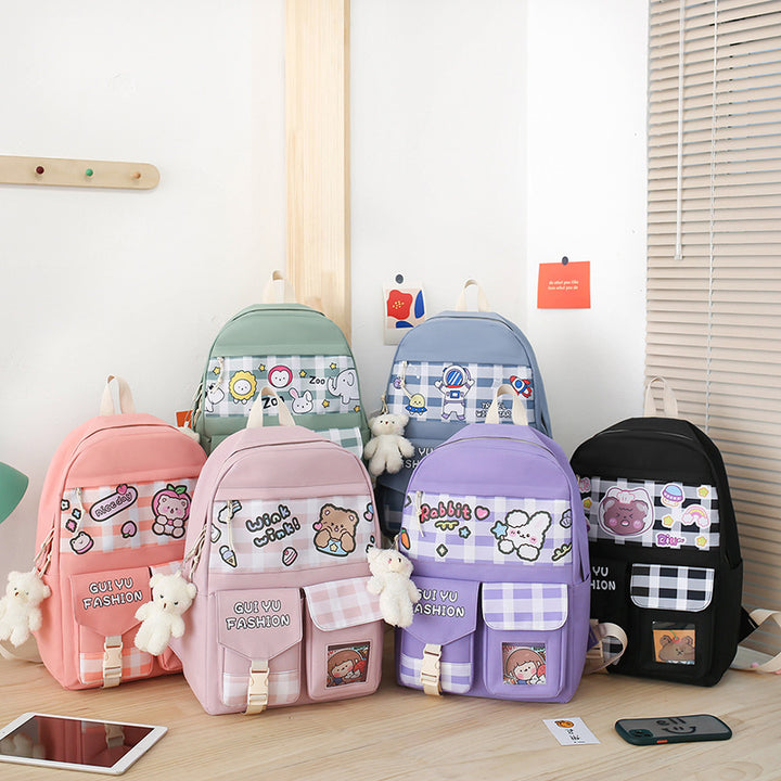 Schoolbag Women's Five-piece Set Primary School Student Texture Fashionable High School High School Large Capacity Backpack Durable