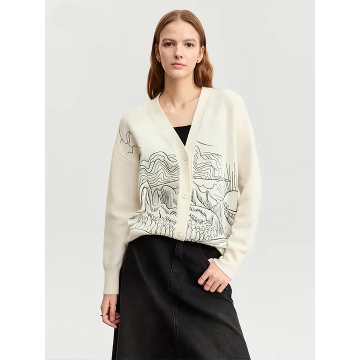 Autumn Wool Cardigan Women V-Neck Embroidered Loose Knitted Sweater