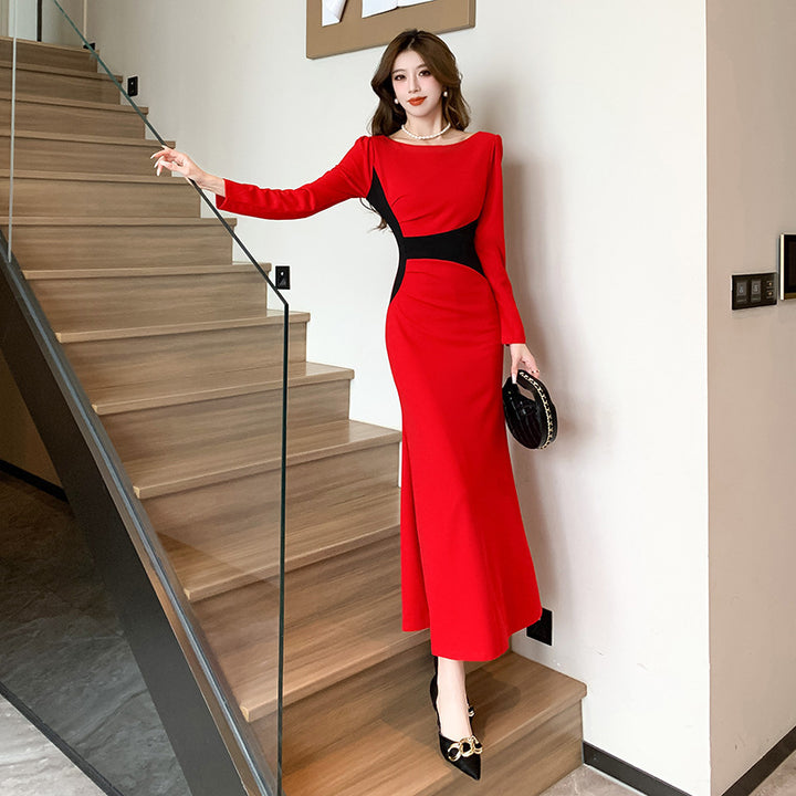 Women's High Class Elegant Contrast Color Slim Fit Dress Sheath Fishtail Dress