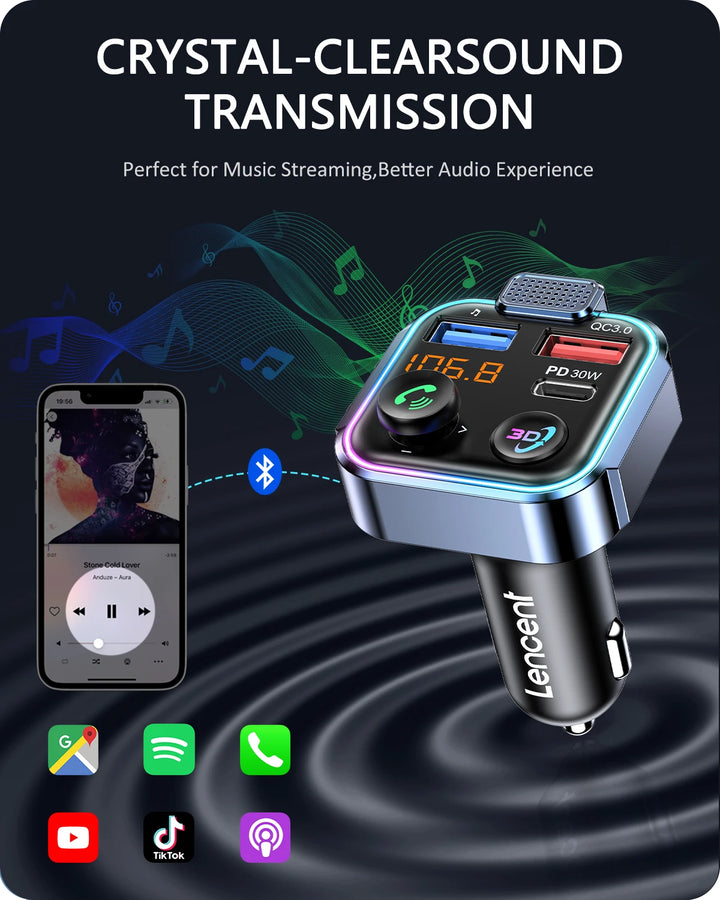 Bluetooth 5.3 FM Transmitter with 48W Fast Charging, Hands-Free Calling