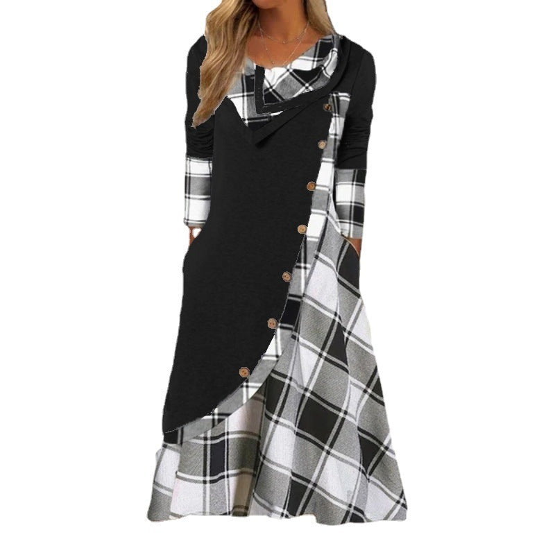 Women's Clothing European And American Amazon Printed Plaid Stitching Button Strip Pocket Heap Collar Long Sleeves Dress