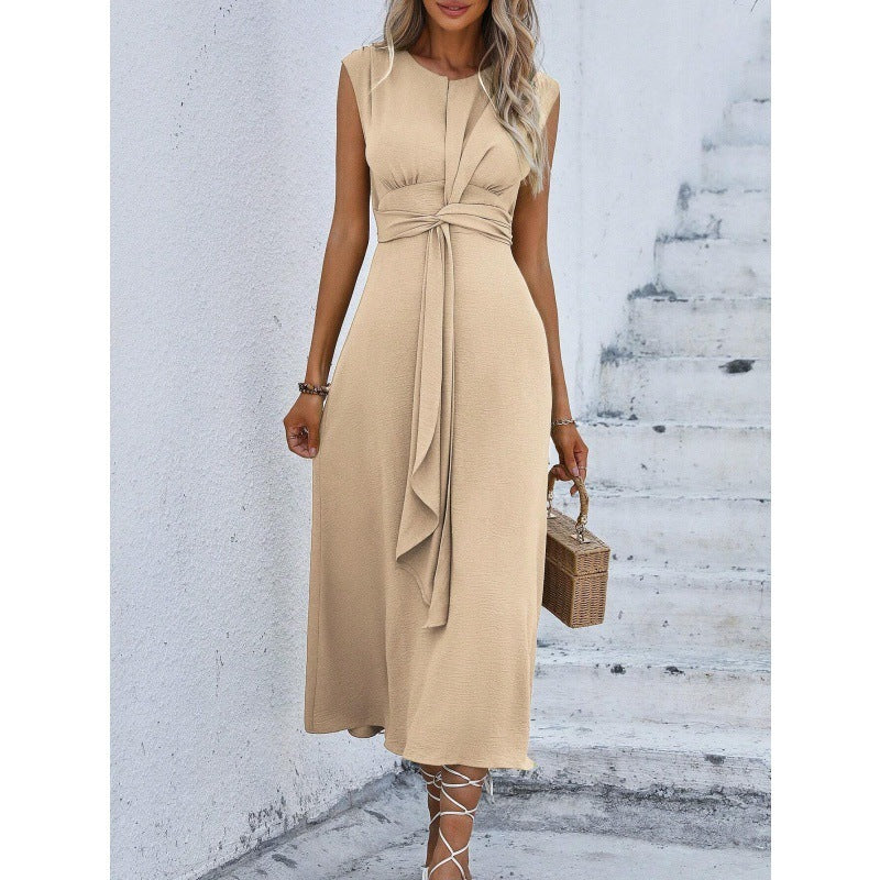 Solid Color Waist Tight Tied Dress Women