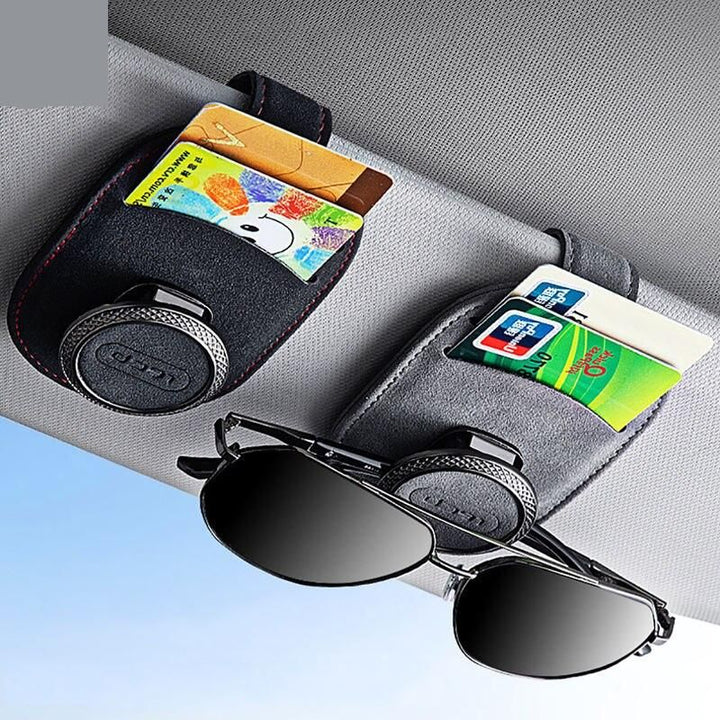 Universal Suede Leather Car Visor Sunglasses Holder with Multi-Clip Function