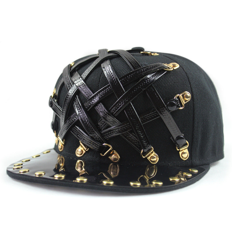 European And American Punk T-shaped Leather X Leather Hip Hop Flat-brimmed Cap Men And Women