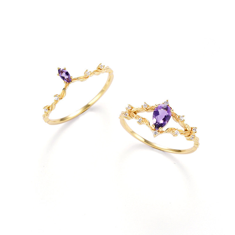 S925 Silver Plated 14k Gold Amethyst Ring Set