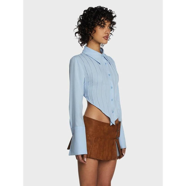 Chic Blue Lace-Up Back Blouse with V-Shaped Hem