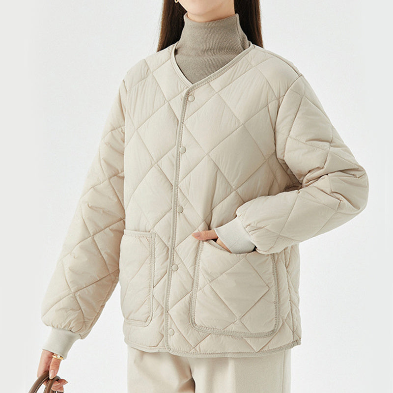 New Rhombus Sewing Cotton Coat Winter Warm Round-neck Jacket With Pockets Lightweight Outerwear For Women's Clothing