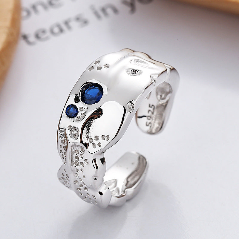 Sterling Silver Lava Texture Blue Open-end Zircon Ring