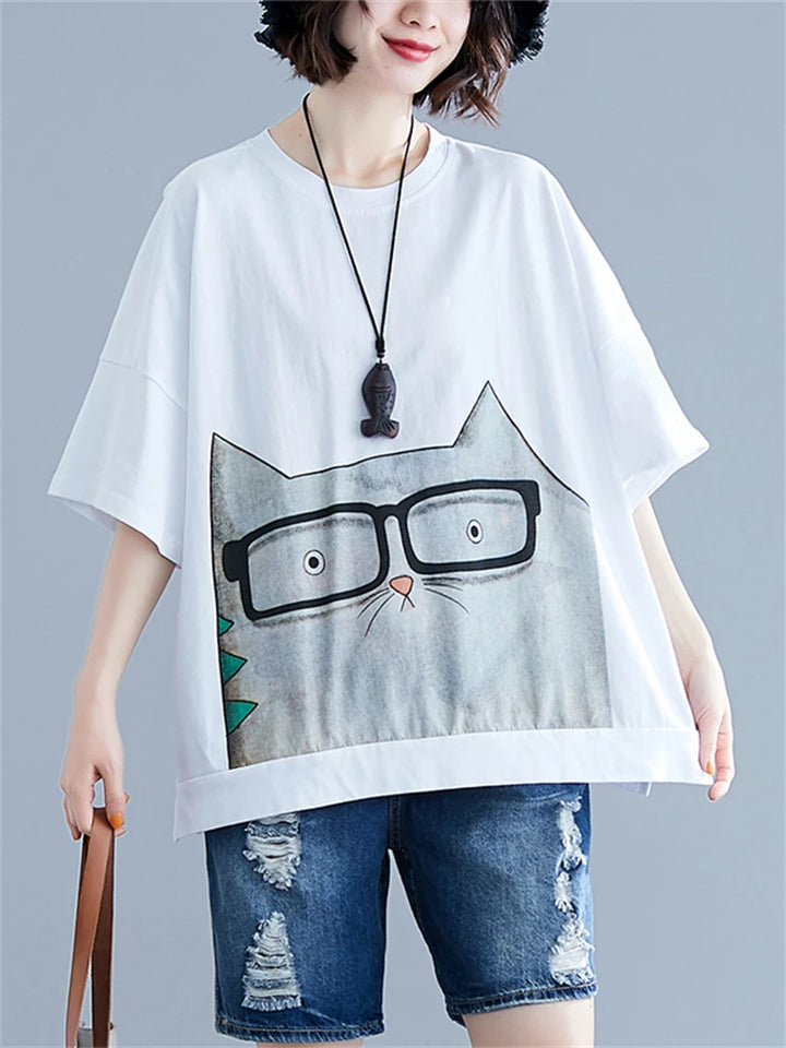 Summer Fashion Cartoon Cat Print T-shirt