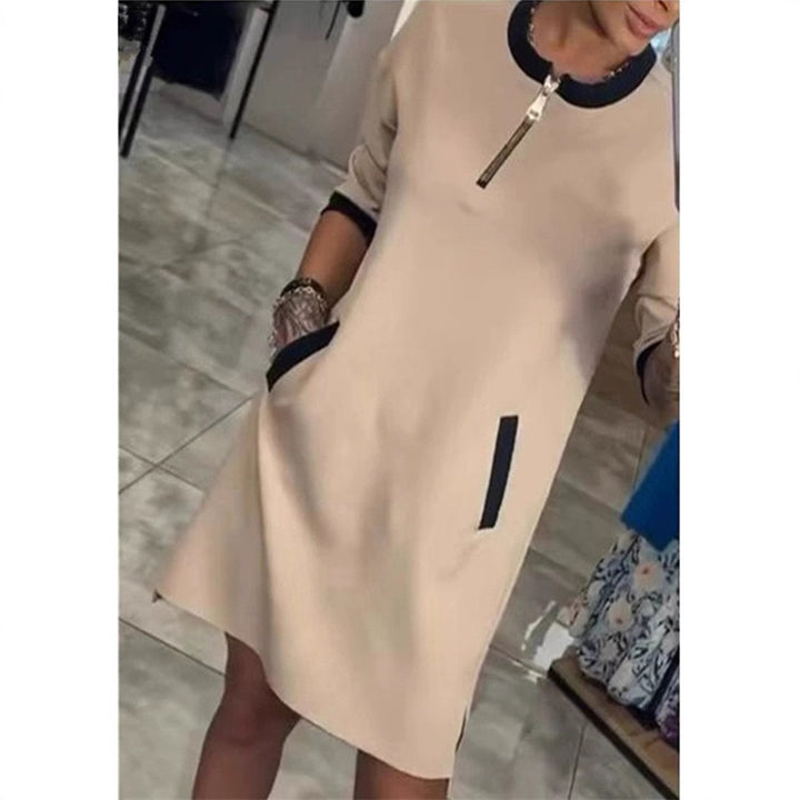 Women's Midi Dress Round Neck Zipper Pocket