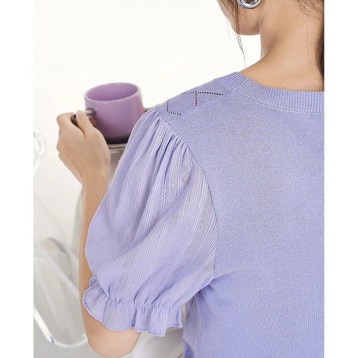 Summer Puff Sleeve V-Neck Knit T-Shirt with Grape Embroidery