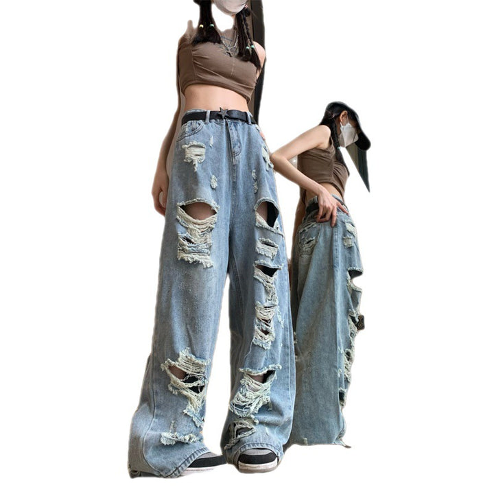 Large Size High Street Wide Leg Beggar Ripped Jeans Women's Retro