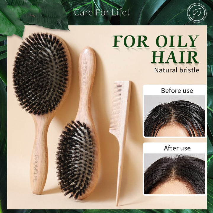 Oak Wood Boar Bristle Hair Brush for Detangling and Scalp Massage