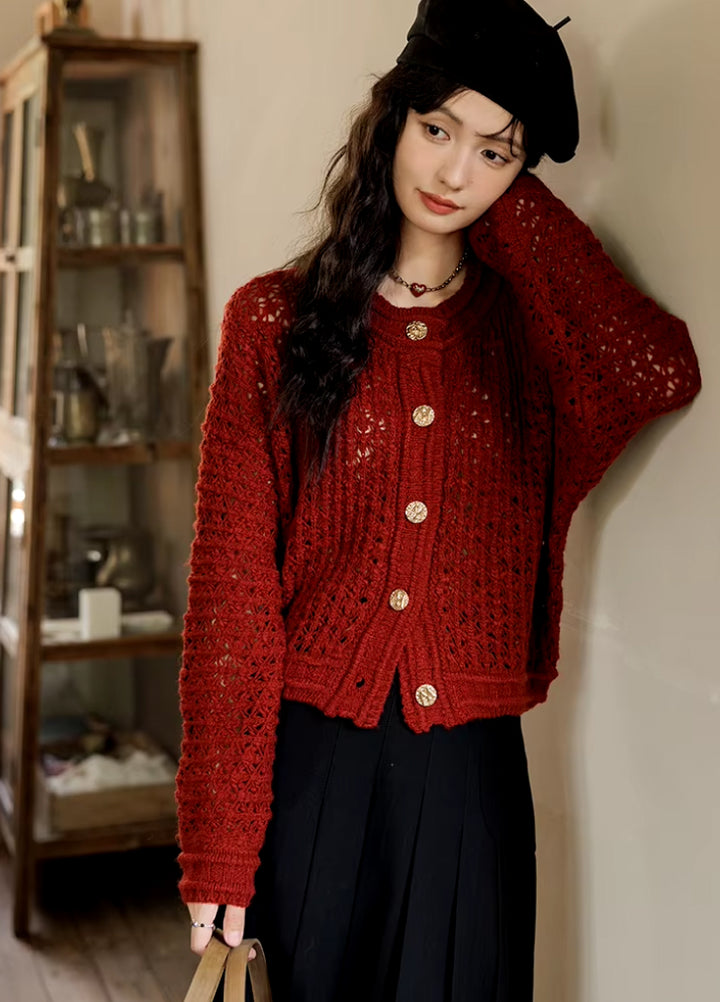 Vintage Red Loose Fit Knitted Cardigan