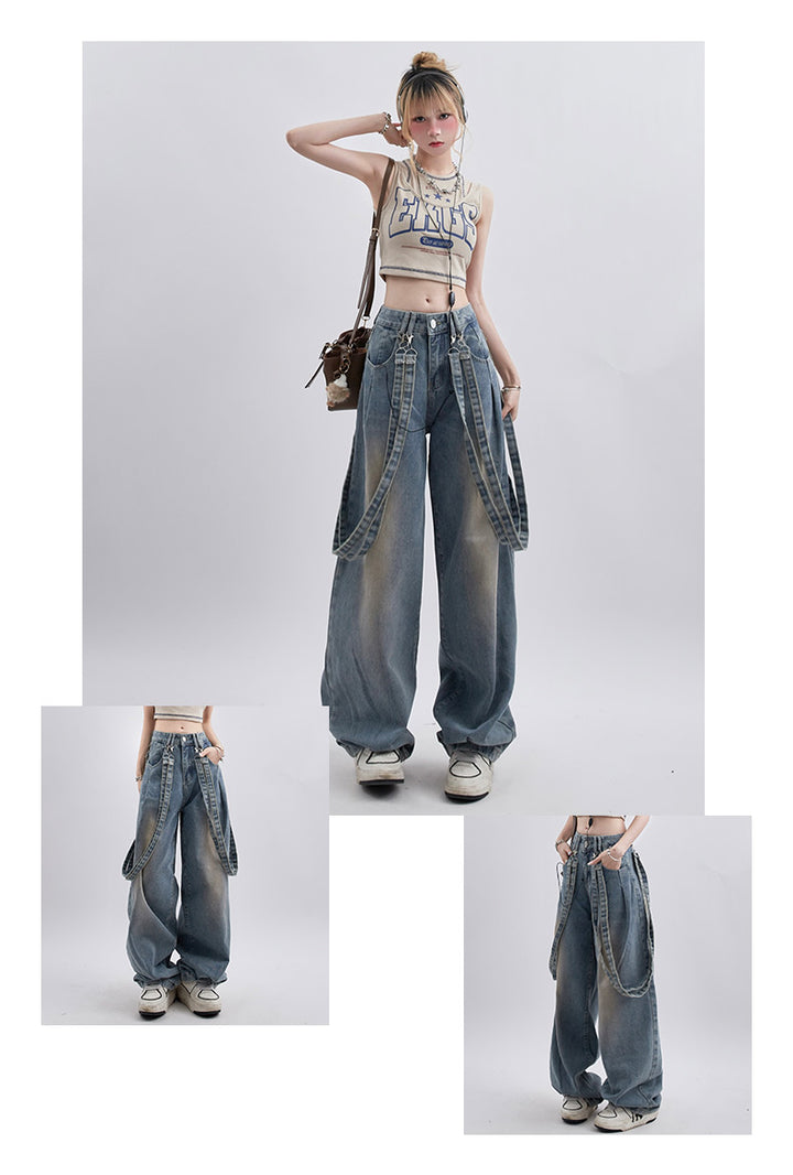 Spring Retro Minority Ribbon Design Versatile Washed Distressed Casual Pants