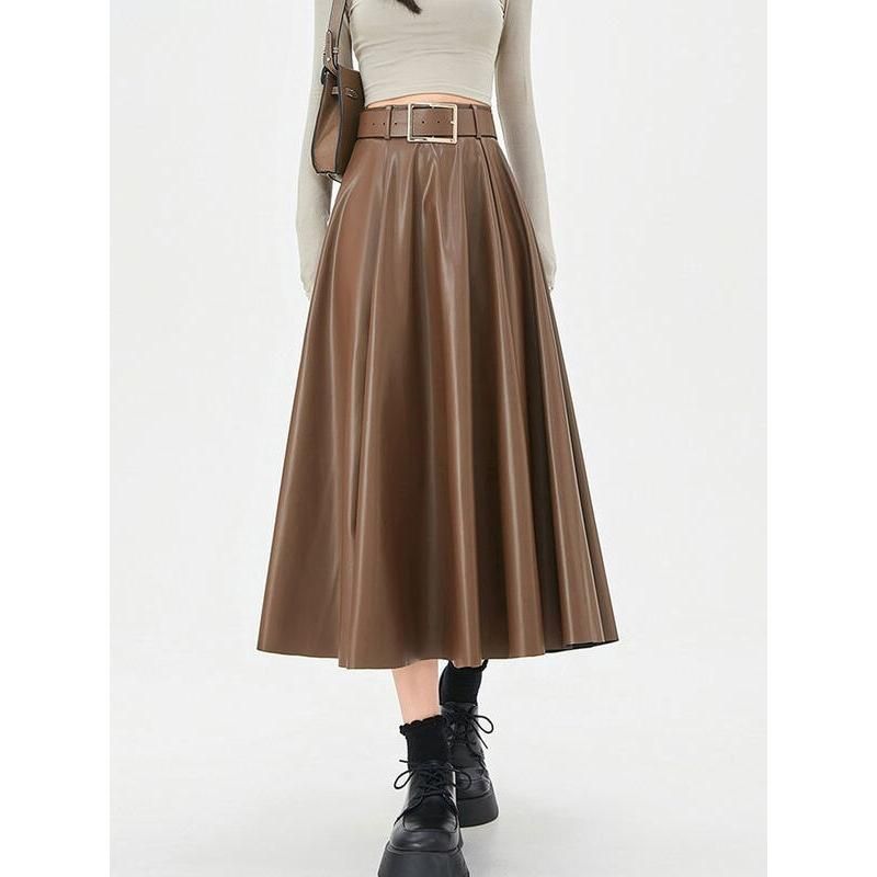 Elegant High-Waist Faux Leather Skirt with Belt