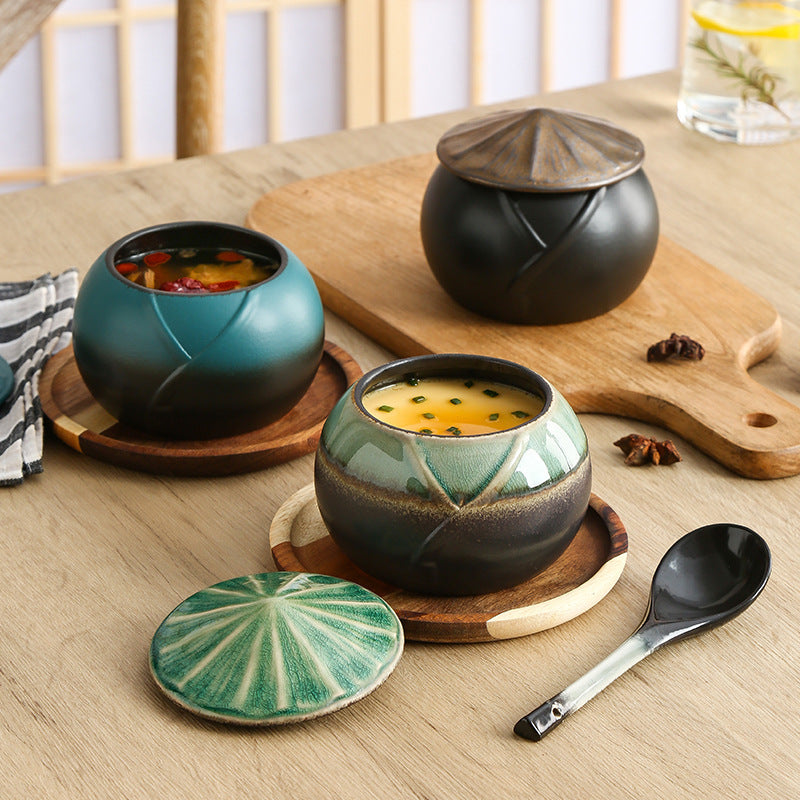 Ceramic Bamboo Hat Slow Cooker Steam Eggs Bowl With Cover