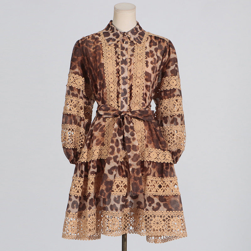 Long Sleeve Hollow Leopard Print Dress Women