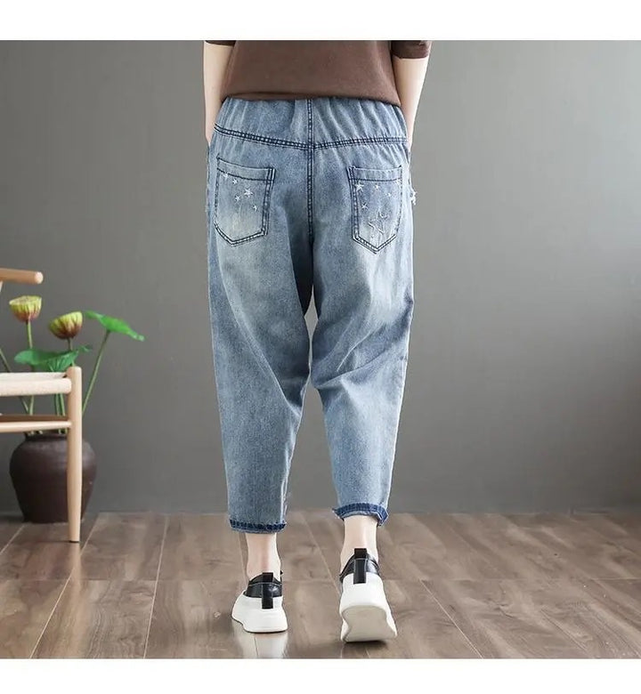 Large Size Elastic Waist Retro Do Old Casual Nine Point Pants