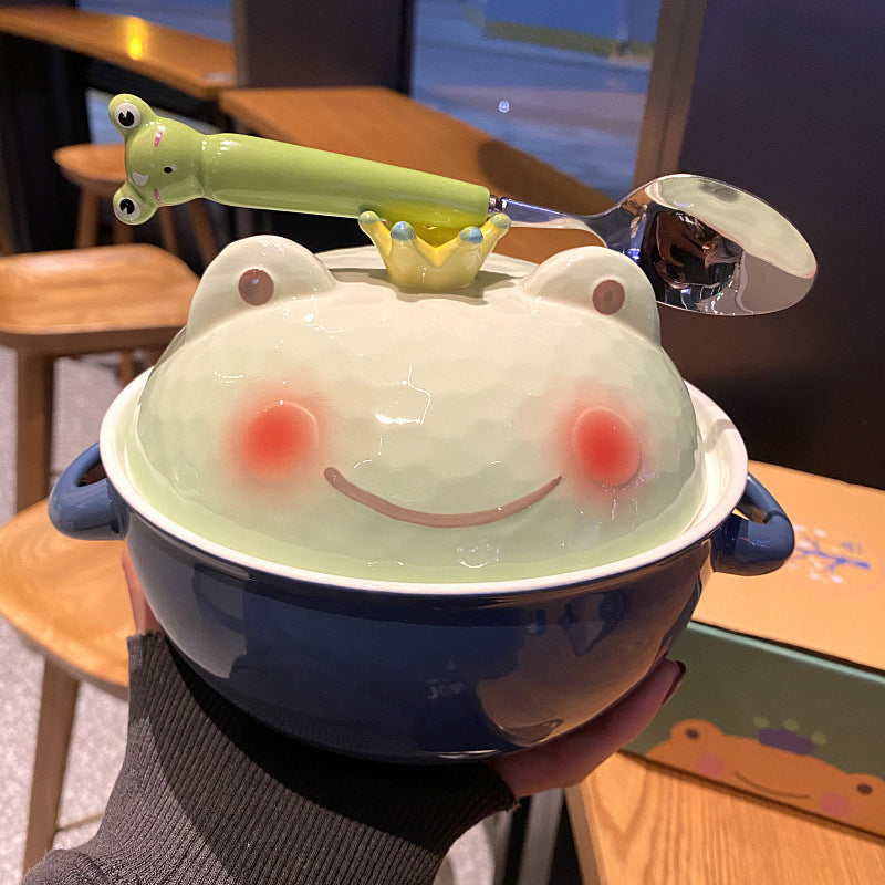 Ceramic Instant Noodle Cute Double-ear With Lid Cartoon Frog Soup Bowl