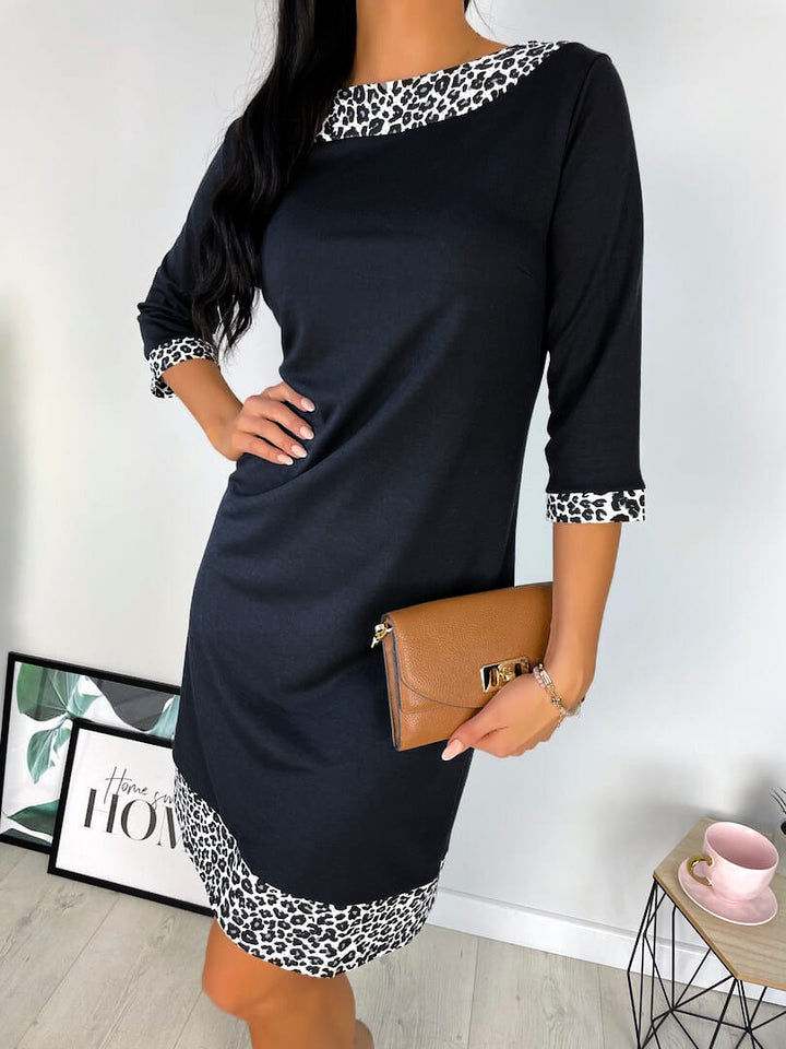 Leopard Print Design Slim Fit Slimming Round Neck 34 Sleeve Casual Dress