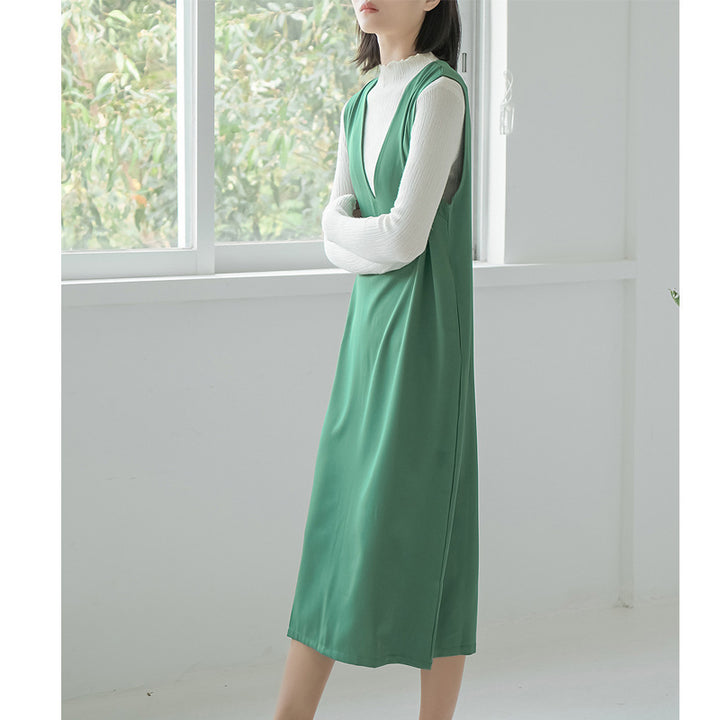 Autumn And Winter Sleeveless V-neck Overknee Long Dress Solid Color