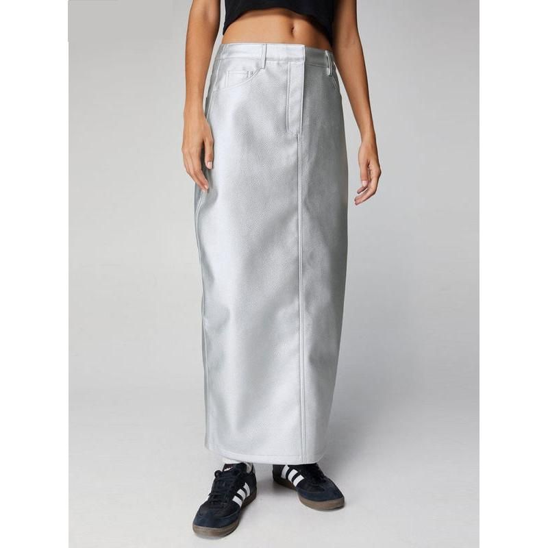 Elegant Mid-Waist Silver Long Skirt