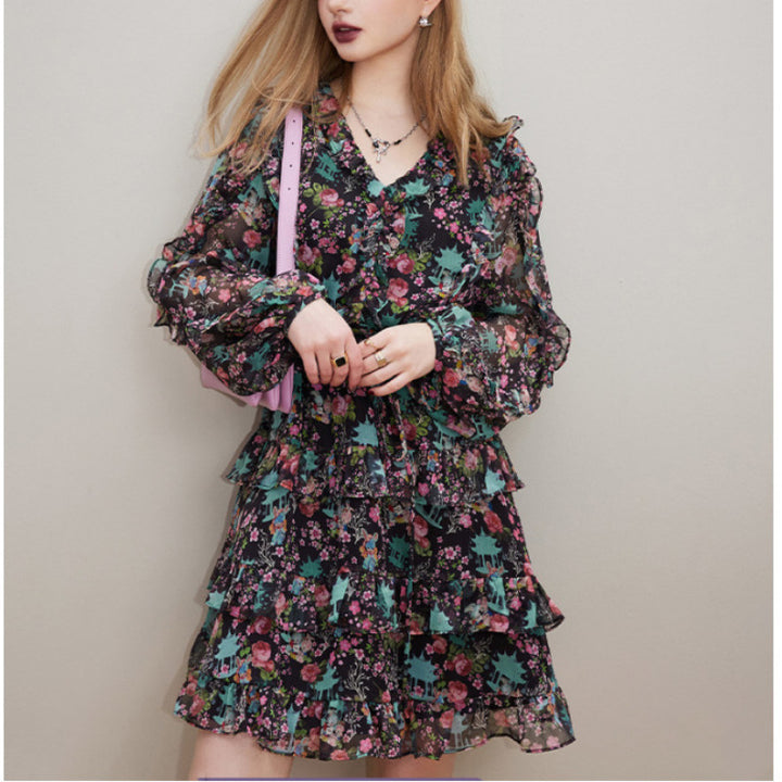 V-neck Long Sleeve Floral Dress Women's Slimming Small